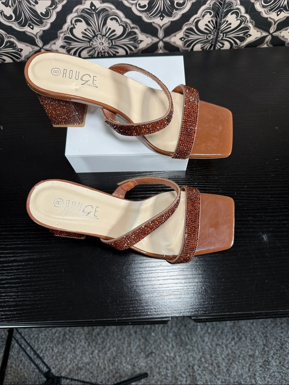 Rouge Brown Sparkle Beaded Block Heel Sandals